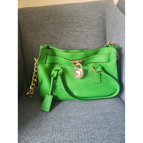 Michael Kors Green Leather Hamilton Satchel Shoulder Bag - Picture 1 of 12